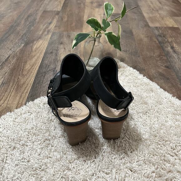 Vince Camuto Size 8.5 M Black Leather Woven Peep Toe Ankara Heels Sandals - Picture 5 of 8